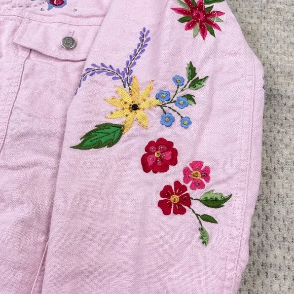 Vintage Quacker Factory Jacket Women Large Pink Embroidered Flower Linen Boho - Picture 5 of 16